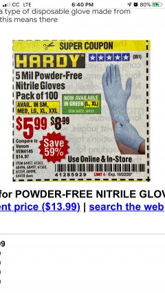 Harbor Freight Coupon 5 MIL NITRILE GLOVES 100/PK Lot No. 61363/ 68497/ 68498 Expired: 10/22/20 - $5.99