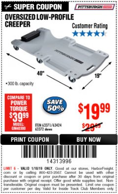 Harbor Freight ITC Coupon LOW-PROFILE CREEPER Lot No. 63424/63371/63372 Expired: 1/10/19 - $19.99