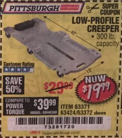 Harbor Freight Coupon LOW-PROFILE CREEPER Lot No. 63424/63371/63372 Expired: 2/5/19 - $19.99