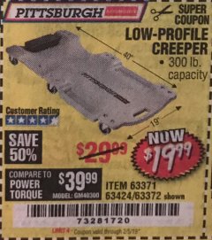 Harbor Freight Coupon LOW-PROFILE CREEPER Lot No. 63424/63371/63372 Expired: 2/5/19 - $19.99