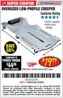 Harbor Freight Coupon LOW-PROFILE CREEPER Lot No. 63424/63371/63372 Expired: 2/29/20 - $19.99