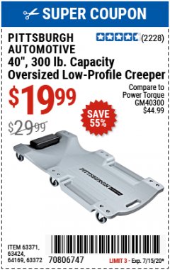 Harbor Freight Coupon LOW-PROFILE CREEPER Lot No. 63424/63371/63372 Expired: 7/15/20 - $19.99