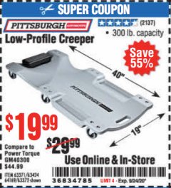 Harbor Freight Coupon LOW-PROFILE CREEPER Lot No. 63424/63371/63372 Expired: 9/24/20 - $19.99