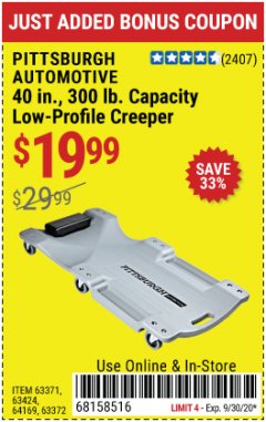 Harbor Freight Coupon LOW-PROFILE CREEPER Lot No. 63424/63371/63372 Expired: 9/30/20 - $19.99