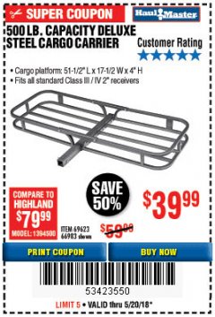 Harbor Freight Coupon STEEL CARGO CARRIER Lot No. 66983/69623 Expired: 5/20/18 - $39.99