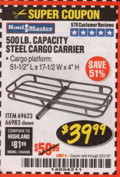 Harbor Freight Coupon STEEL CARGO CARRIER Lot No. 66983/69623 Expired: 3/31/19 - $39.99