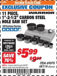 Harbor Freight ITC Coupon 11 PIECE 1"-2-1/2" CARBON STEEL HOLE SAW SET Lot No. 69070, 68114 Expired: 4/30/20 - $5.99