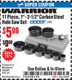 Harbor Freight Coupon 11 PIECE 1"-2-1/2" CARBON STEEL HOLE SAW SET Lot No. 69070, 68114 Expired: 9/6/20 - $5.99