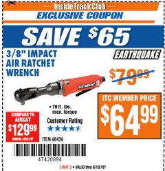 Harbor Freight ITC Coupon 3/8" PROFESSIONAL IMPACT AIR RATCHET WRENCH Lot No. 68426 Expired: 6/19/18 - $64.99