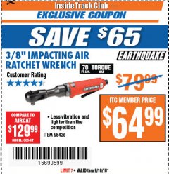 Harbor Freight ITC Coupon 3/8" PROFESSIONAL IMPACT AIR RATCHET WRENCH Lot No. 68426 Expired: 9/18/18 - $64.99