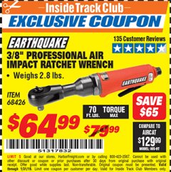 Harbor Freight ITC Coupon 3/8" PROFESSIONAL IMPACT AIR RATCHET WRENCH Lot No. 68426 Expired: 1/31/19 - $64.99