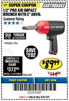 Harbor Freight Coupon EARTHQUAKE 1/2" COMPOSITE PRO IMPACT WRENCH WITH 2" ANVIL Lot No. 63385 Expired: 5/31/18 - $89.99