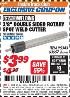 Harbor Freight ITC Coupon 3/8" DOUBLE SIDED ROTARY SPOT WELD CUTTER Lot No. 63657/95343 Expired: 1/31/19 - $3.99