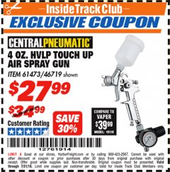 Harbor Freight ITC Coupon 4 OZ. HVLP TOUCH UP AIR SPRAY GUN Lot No. 46719/61473 Expired: 7/31/18 - $27.99