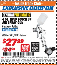 Harbor Freight ITC Coupon 4 OZ. HVLP TOUCH UP AIR SPRAY GUN Lot No. 46719/61473 Expired: 10/31/18 - $27.99
