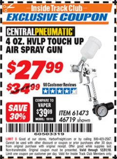Harbor Freight ITC Coupon 4 OZ. HVLP TOUCH UP AIR SPRAY GUN Lot No. 46719/61473 Expired: 12/31/18 - $27.99