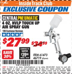Harbor Freight ITC Coupon 4 OZ. HVLP TOUCH UP AIR SPRAY GUN Lot No. 46719/61473 Expired: 4/30/19 - $27.99