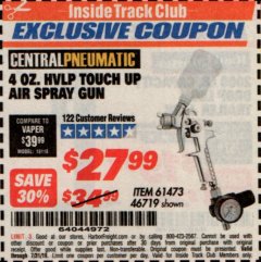 Harbor Freight ITC Coupon 4 OZ. HVLP TOUCH UP AIR SPRAY GUN Lot No. 46719/61473 Expired: 7/31/19 - $27.99