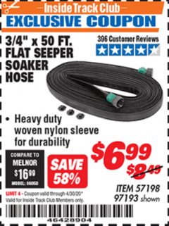Harbor Freight ITC Coupon 3/4" X 50 FT. FLAT SEEPER SOAKER HOSE Lot No. 97193 Expired: 4/30/20 - $6.99