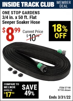Harbor Freight ITC Coupon 3/4" X 50 FT. FLAT SEEPER SOAKER HOSE Lot No. 97193 Expired: 3/31/22 - $8.99