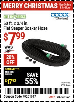 Harbor Freight Coupon 3/4" X 50 FT. FLAT SEEPER SOAKER HOSE Lot No. 97193 Expired: 12/11/21 - $7.99