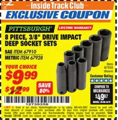 Harbor Freight ITC Coupon 8 PIECE 3/8" DRIVE DEEP IMPACT SOCKET SETS Lot No. 67910/67928 Expired: 7/31/18 - $9.99