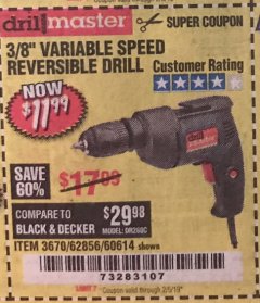 Harbor Freight Coupon 3/8" VARIABLE SPEED REVERSIBLE DRILL Lot No. 60614/3670/61719 Expired: 2/5/19 - $11.99