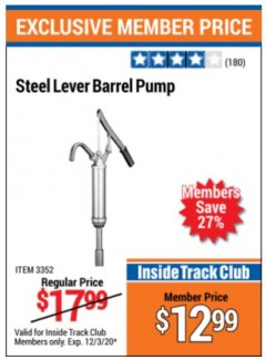Harbor Freight ITC Coupon STEEL LEVER BARREL PUMP Lot No. 3352 Expired: 12/3/20 - $12.99