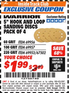 Harbor Freight ITC Coupon 5" HOOK AND LOOP SANDING DISKS PACK OF 4 Lot No. 69957/69958/69953 Expired: 7/31/18 - $1.99