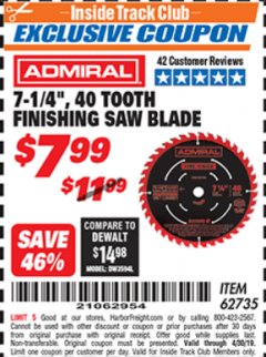 Harbor Freight ITC Coupon 7-1/4", 40 TOOTH FINISHING SAW BLADE Lot No. 93895/62735 Expired: 4/30/19 - $7.99