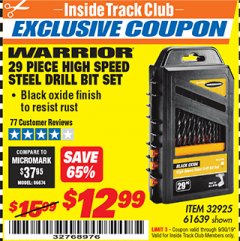 Harbor Freight ITC Coupon 29 PIECE HIGH SPEED STEEL DRILL BIT SET Lot No. 61639 Expired: 9/30/19 - $12.99
