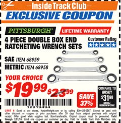 Harbor Freight ITC Coupon 4 PIECE DOUBLE BOX END RATCHETING WRENCH SETS Lot No. 68959/68958 Expired: 7/31/18 - $19.99