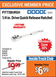 Harbor Freight ITC Coupon 1/4" DRIVE QUICK RELEASE RATCHET Lot No. 69349/62245/62175 Expired: 10/31/20 - $6.99