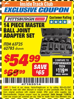 Harbor Freight ITC Coupon 14 PIECE MASTER BALL JOINT ADAPTER SET Lot No. 62785/63725/60307 Expired: 11/30/18 - $54.99