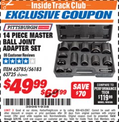 Harbor Freight ITC Coupon 14 PIECE MASTER BALL JOINT ADAPTER SET Lot No. 62785/63725/60307 Expired: 3/31/19 - $49.99