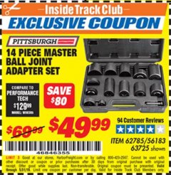 Harbor Freight ITC Coupon 14 PIECE MASTER BALL JOINT ADAPTER SET Lot No. 62785/63725/60307 Expired: 5/31/19 - $49.99