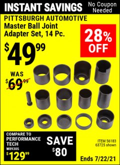 Harbor Freight Coupon 14 PIECE MASTER BALL JOINT ADAPTER SET Lot No. 62785/63725/60307 Expired: 7/22/21 - $49.99