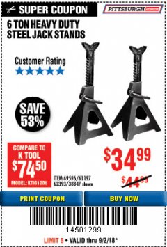 Harbor Freight Coupon 6 TON HEAVY DUTY STEEL JACK STANDS Lot No. 61197/38847/69596/62393 Expired: 9/2/18 - $34.99