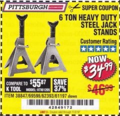 Harbor Freight Coupon 6 TON HEAVY DUTY STEEL JACK STANDS Lot No. 61197/38847/69596/62393 Expired: 11/2/19 - $34.99