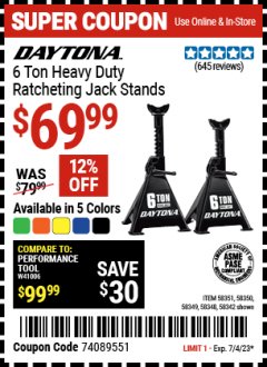Harbor Freight Coupon 6 TON HEAVY DUTY STEEL JACK STANDS Lot No. 61197/38847/69596/62393 Expired: 7/4/23 - $69.99