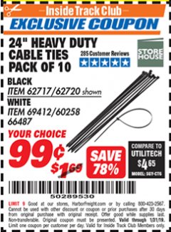Harbor Freight ITC Coupon 24" HEAVY DUTY CABLE TIES PACK OF 10 Lot No. 62717/62720 Expired: 1/31/19 - $0.99