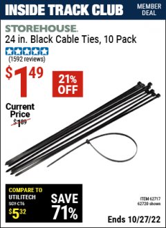 Harbor Freight ITC Coupon 24" HEAVY DUTY CABLE TIES PACK OF 10 Lot No. 62717/62720 Expired: 10/27/22 - $1.49
