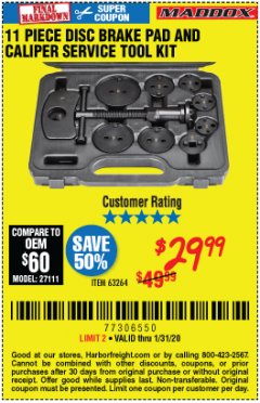 Harbor Freight Coupon 11 PIECE DISC BRAKE PAD AND CALIPER SERVICE TOOL KIT Lot No. 63264 Expired: 1/31/20 - $29.99