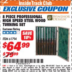 Harbor Freight ITC Coupon 8 PIECE PROFESSIONAL HIGH SPEED STEEL WOOD TURNING SET Lot No. 61794 Expired: 5/31/18 - $64.99