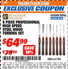 Harbor Freight ITC Coupon 8 PIECE PROFESSIONAL HIGH SPEED STEEL WOOD TURNING SET Lot No. 61794 Expired: 9/30/18 - $64.99