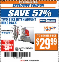 Harbor Freight ITC Coupon TWO BIKE HITCH MOUNT BIKE RACK Lot No. 60623/98019/64123/63924 Expired: 6/19/18 - $29.99