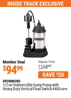 Harbor Freight ITC Coupon 1/2 HP SUBMERSIBLE SUMP PUMP WITH HEAVY DUTY VERTICAL FLOAT SWITCH Lot No. 63400 Expired: 5/31/21 - $94.99