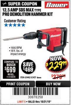 Harbor Freight Coupon BAUER 12.5 AMP SDS MAX TYPE PRO HAMMER KIT Lot No. 63440/63437 Expired: 10/31/18 - $229.99
