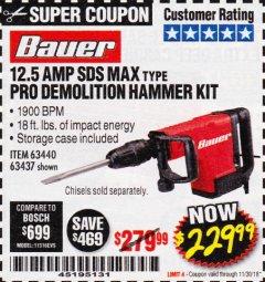 Harbor Freight Coupon BAUER 12.5 AMP SDS MAX TYPE PRO HAMMER KIT Lot No. 63440/63437 Expired: 11/30/18 - $229.99