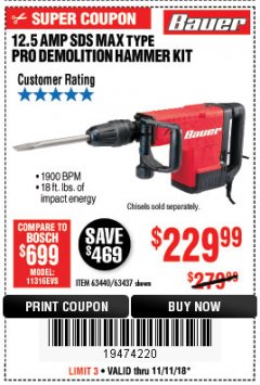 Harbor Freight Coupon BAUER 12.5 AMP SDS MAX TYPE PRO HAMMER KIT Lot No. 63440/63437 Expired: 11/11/18 - $229.99